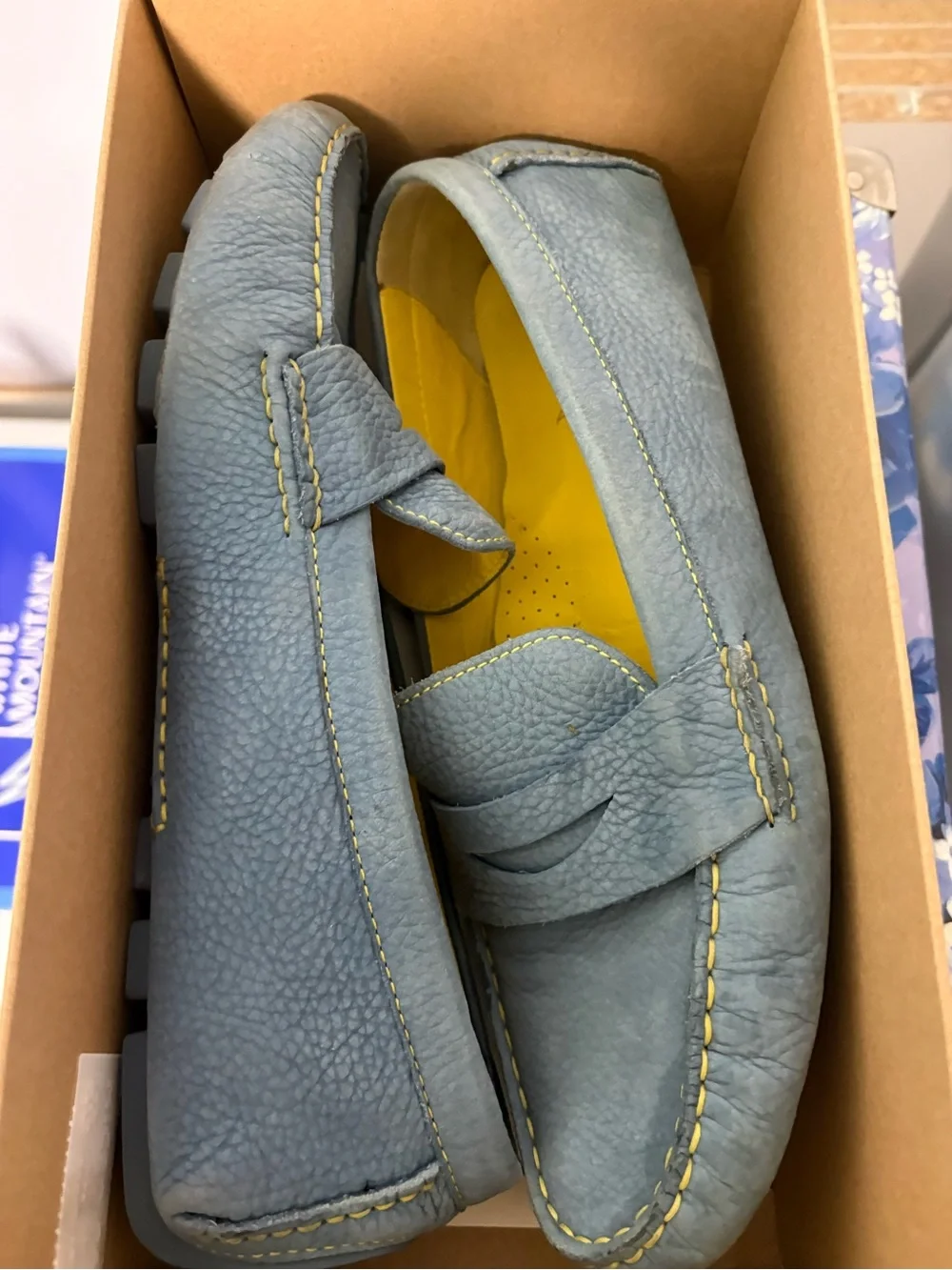Cole Haan Teal Blue Leather Penny Loafers with Yellow Insole